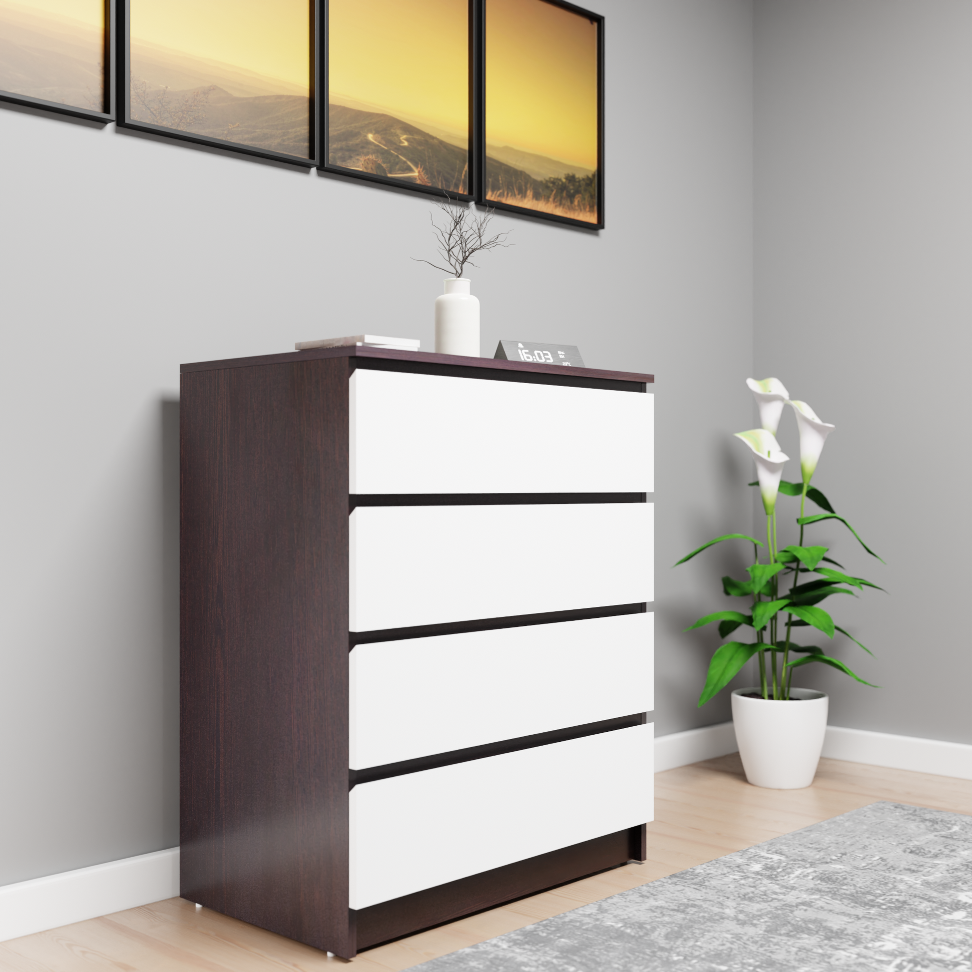 PARA | Chest of 4 Drawer, Dark Wenge, Frosty White | Suede Finish Drawer Units VIKI FURNITURE Dark Wenge & Frosty White  