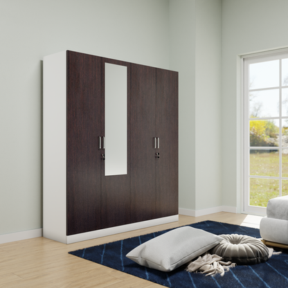 AVIRA |Wardrobe with Mirror, Hinged | 4 Door, 2 Inside Drawer Wardrobes VIKI FURNITURE Frosty White with Dark Wenge  