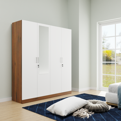 AVIRA |Wardrobe with Mirror, Hinged | 4 Door, 2 Inside Drawer Wardrobes VIKI FURNITURE Brussel Walnut with Frosty White  