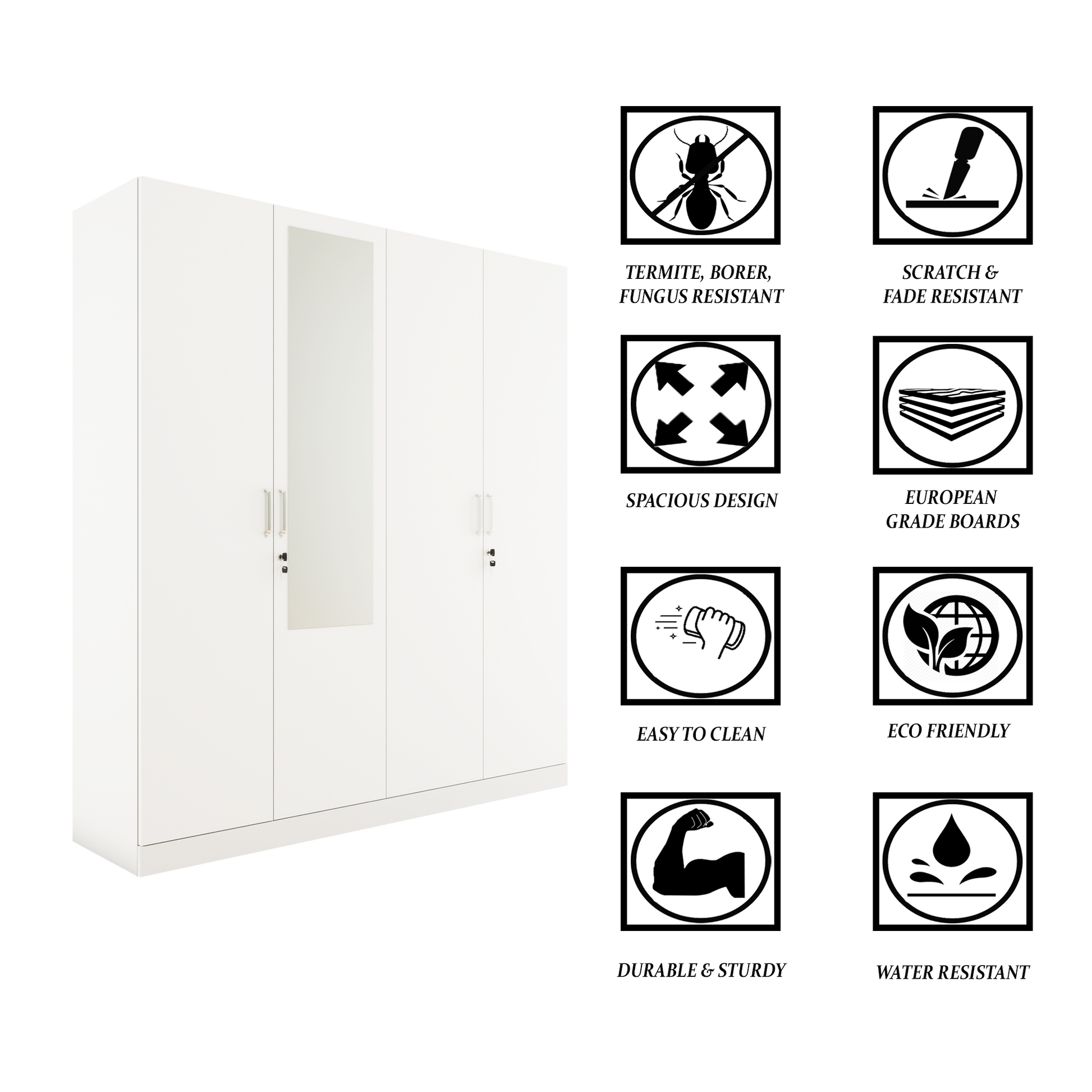 AVIRA |Wardrobe with Mirror, Hinged | 4 Door, Shelf, Hanging Space Wardrobes VIKI FURNITURE   