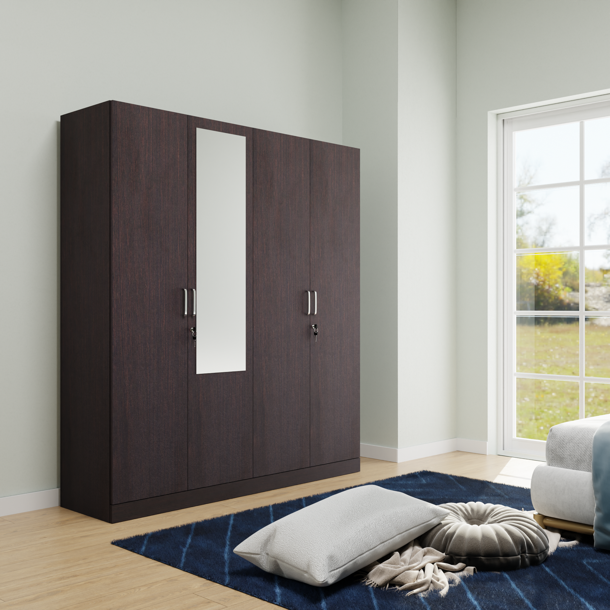 AVIRA |Wardrobe with Mirror, Hinged | 4 Door, Shelf, Hanging Space Wardrobes VIKI FURNITURE Dark Wenge  