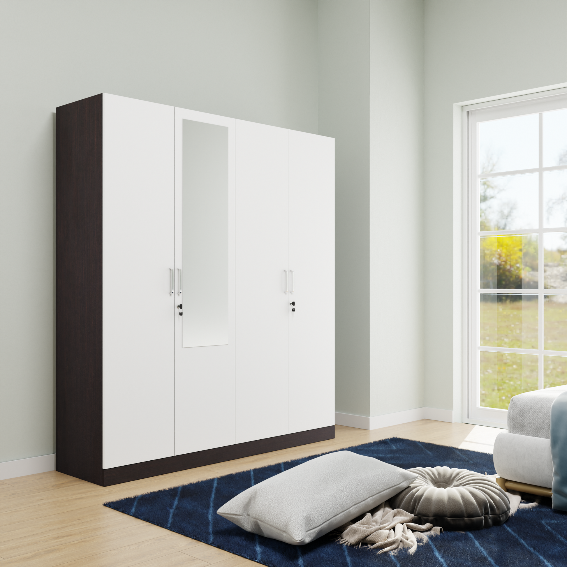 AVIRA |Wardrobe with Mirror, Hinged | 4 Door, Shelf, Hanging Space Wardrobes VIKI FURNITURE Dark Wenge with Frosty White  