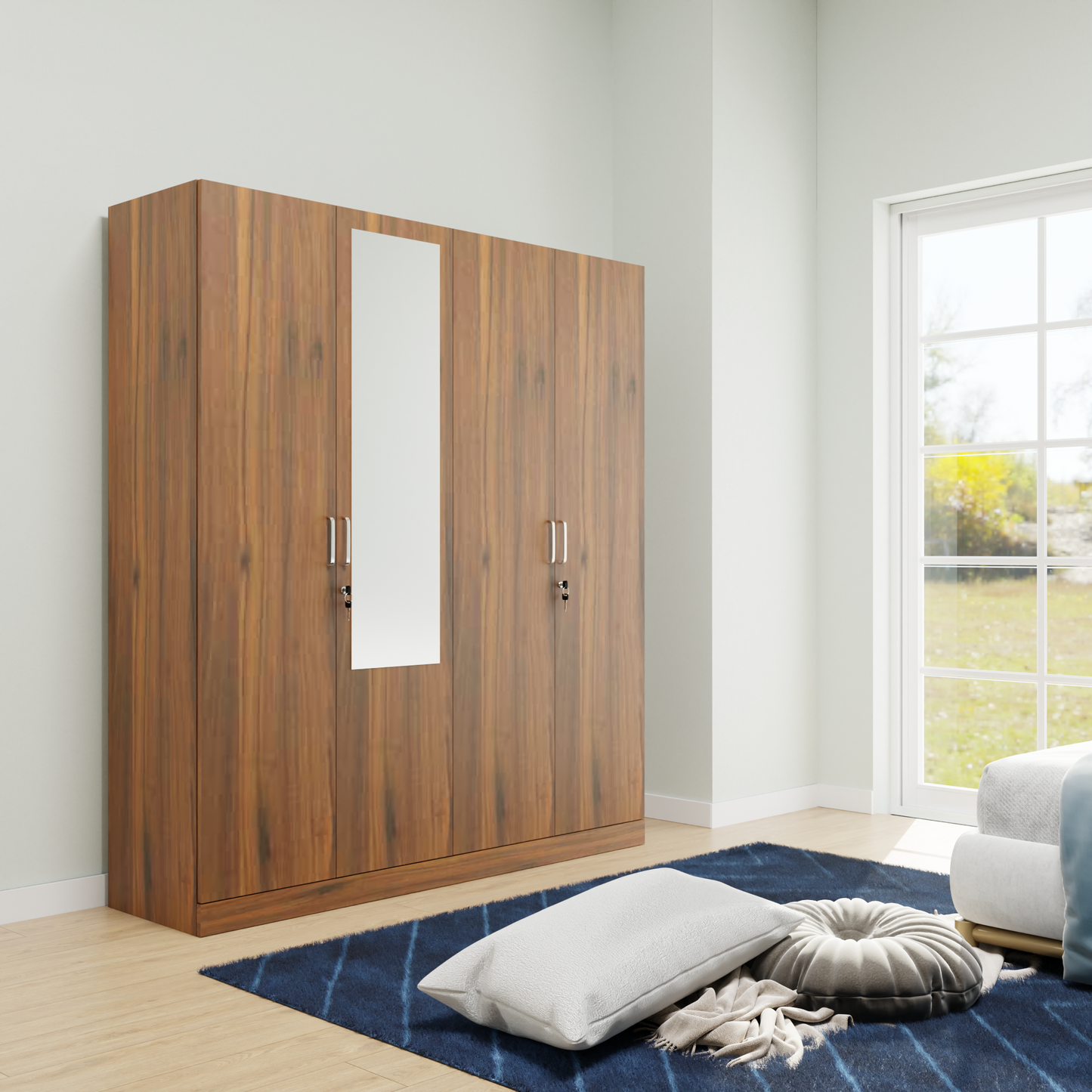 AVIRA |Wardrobe with Mirror, Hinged | 4 Door, Shelf, Hanging Space Wardrobes VIKI FURNITURE Brussel Walnut  