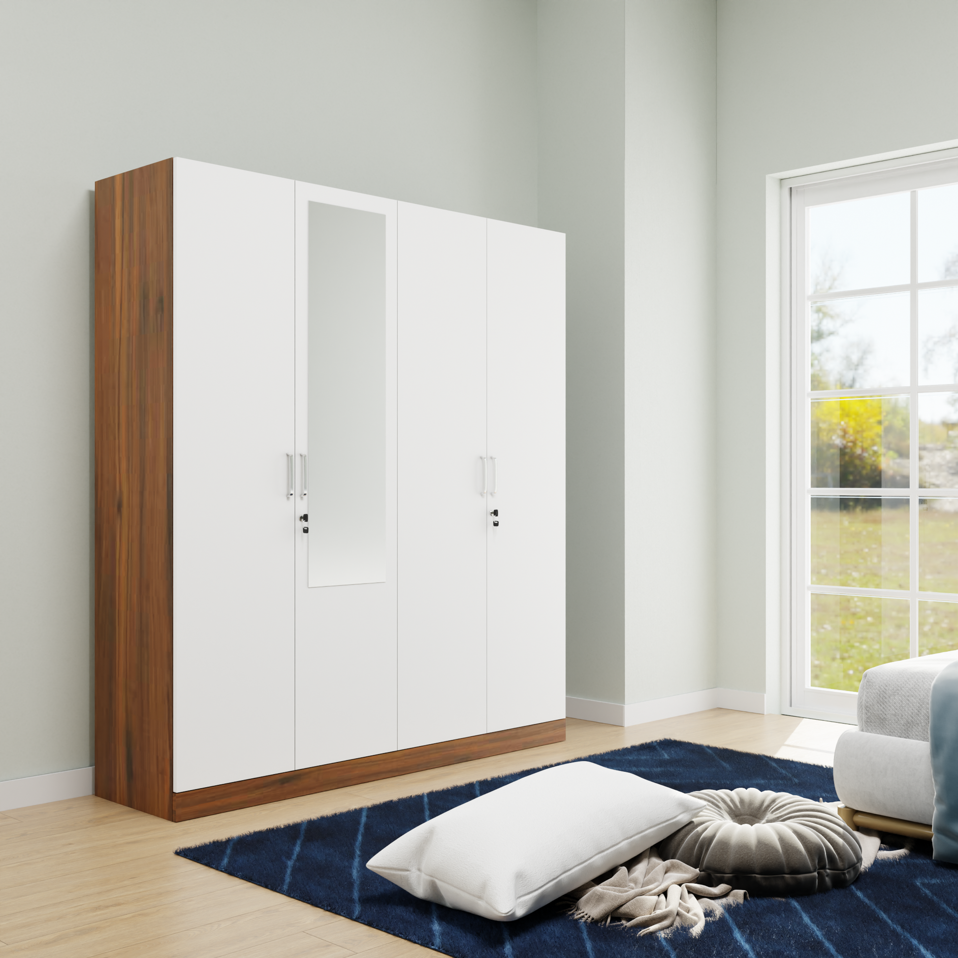 AVIRA |Wardrobe with Mirror, Hinged | 4 Door, Shelf, Hanging Space Wardrobes VIKI FURNITURE Brussel Walnut with Frosty White  