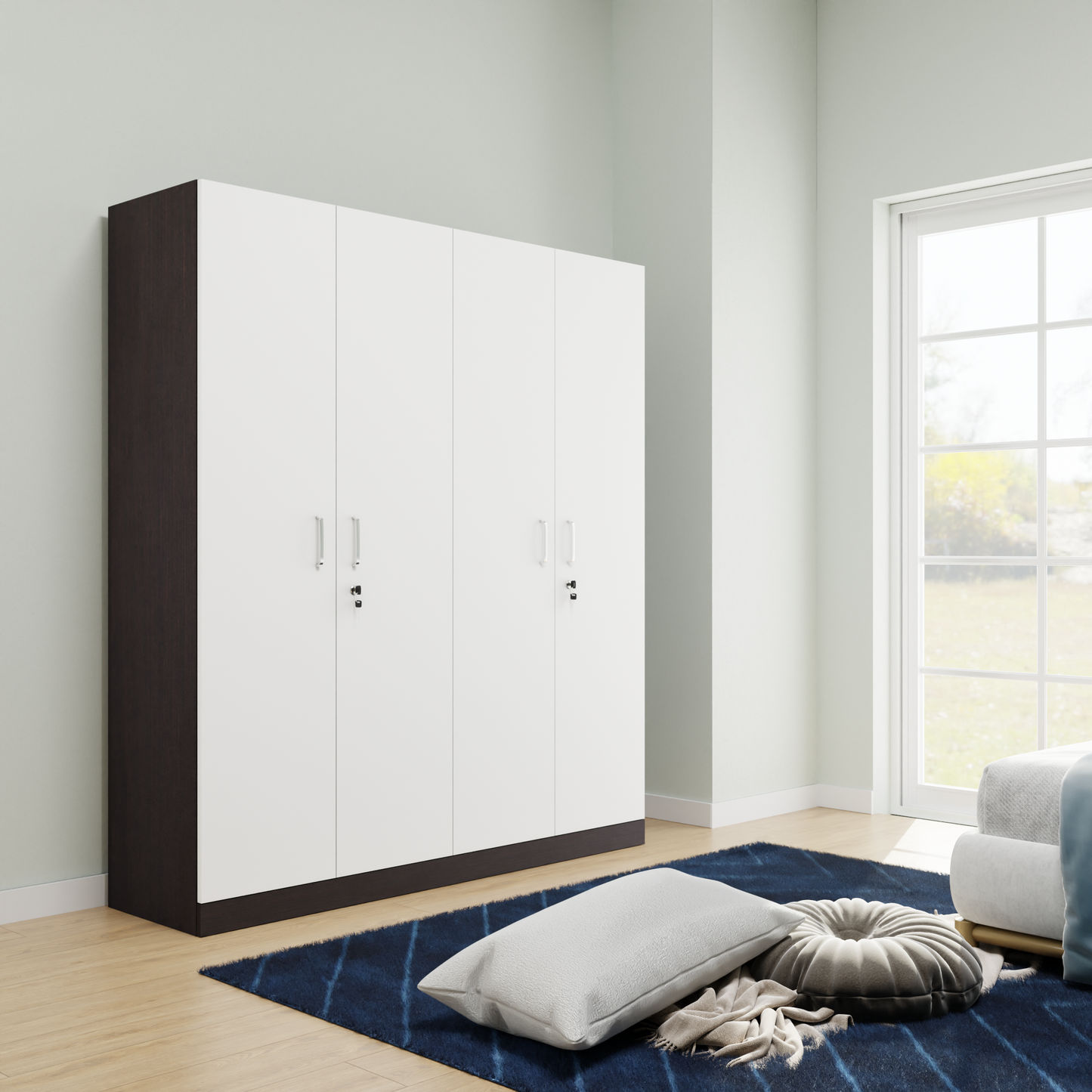 AVIRA |Wardrobe, Hinged | 4 Door, Shelf, Hanging Space Wardrobes VIKI FURNITURE Dark Wenge with Frosty White  