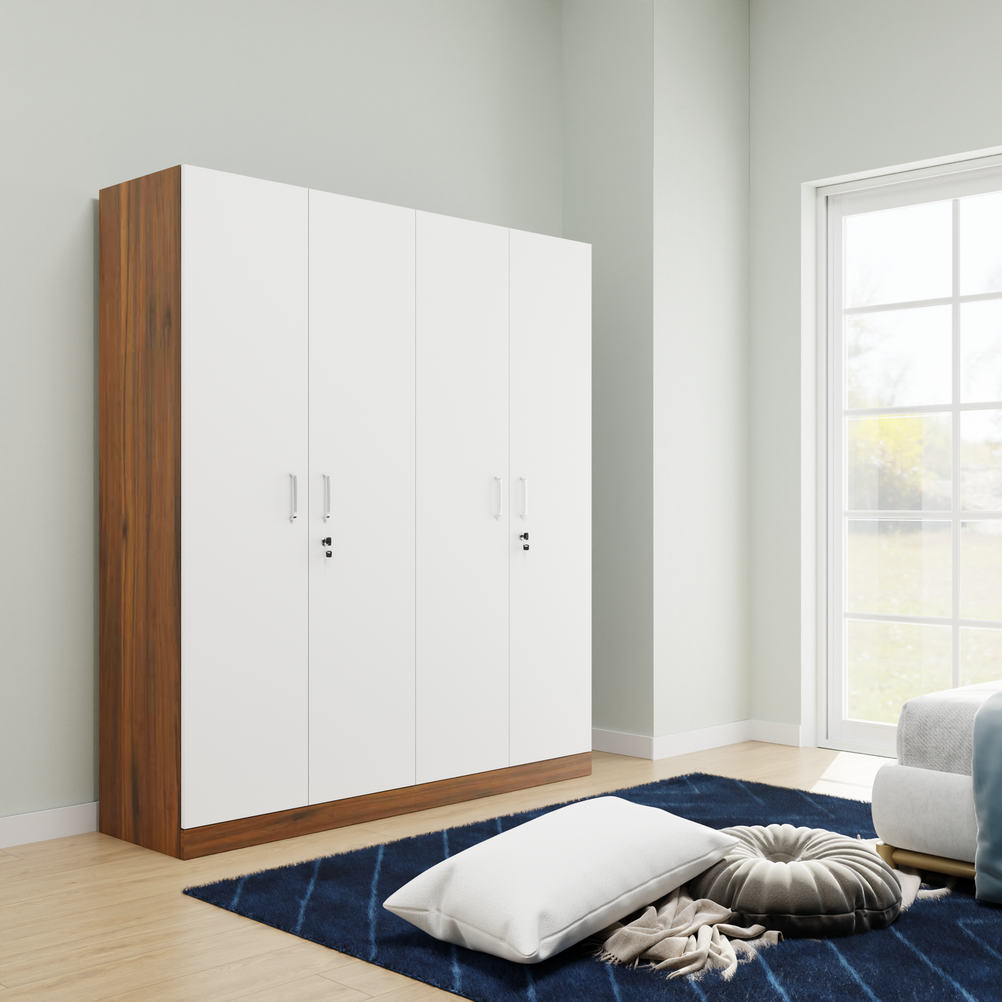 AVIRA |Wardrobe, Hinged | 4 Door, Shelf, Hanging Space Wardrobes VIKI FURNITURE Brussel Walnut with Frosty White  