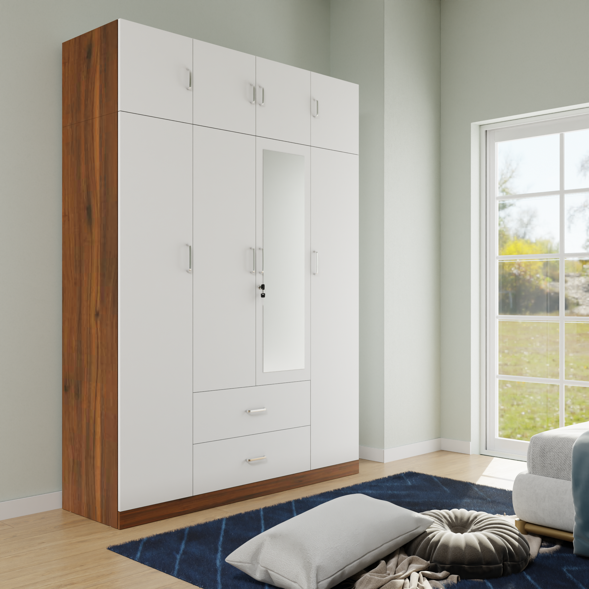 AVIRA |Wardrobe with Mirror, Hinged | 4 Door, 2 Drawer with loft & Dual Color Wardrobes VIKI FURNITURE Brussel Walnut & Frosty White  