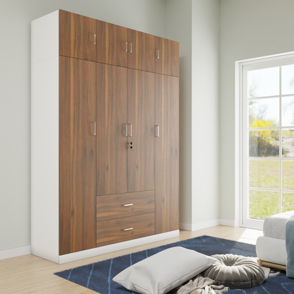 AVIRA |Wardrobe , Hinged | 4 Door, 2 Drawer with loft & Dual Color Wardrobes VIKI FURNITURE Frosty White & Brussel Walnut  