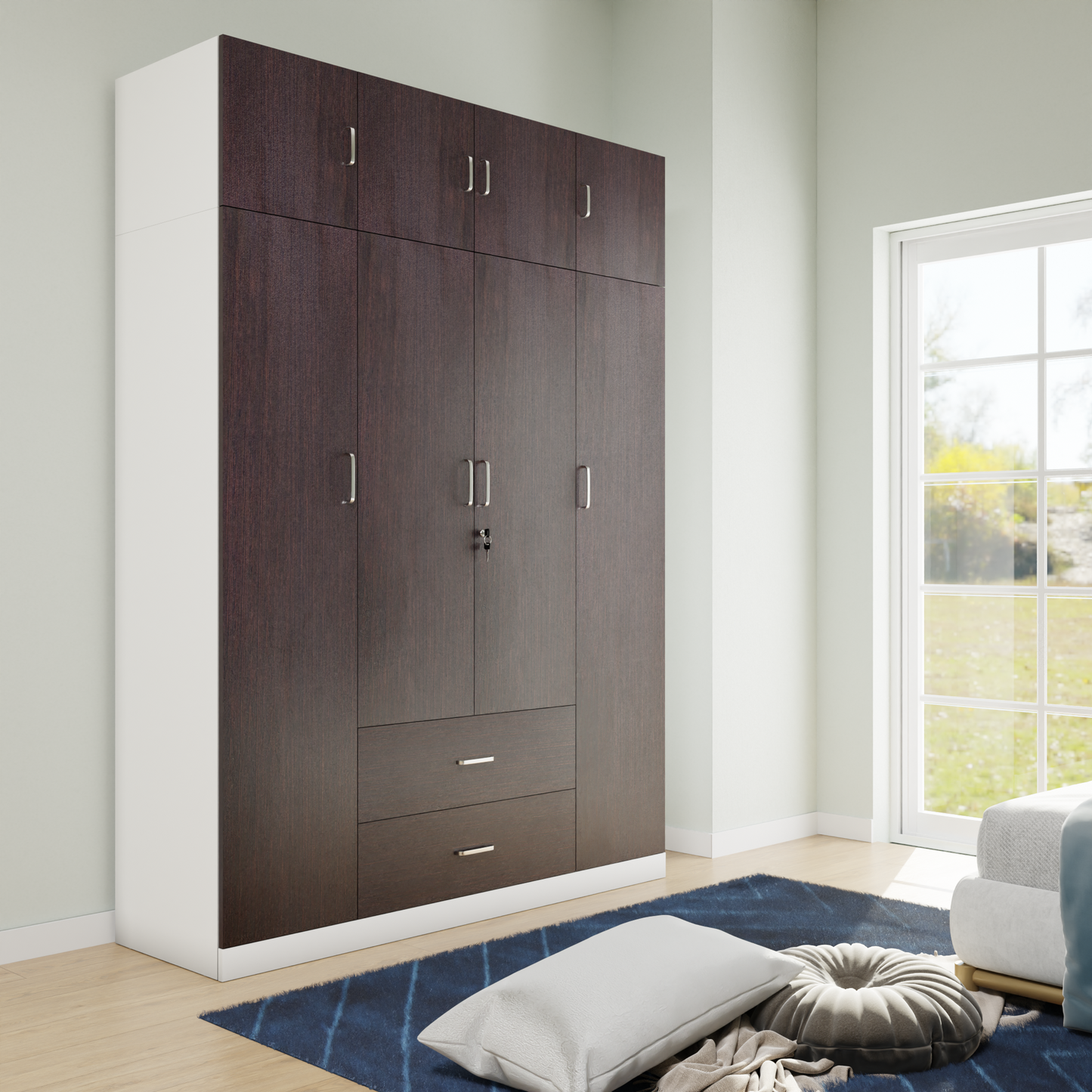 AVIRA |Wardrobe , Hinged | 4 Door, 2 Drawer with loft & Dual Color Wardrobes VIKI FURNITURE Frosty White & Dark Wenge  